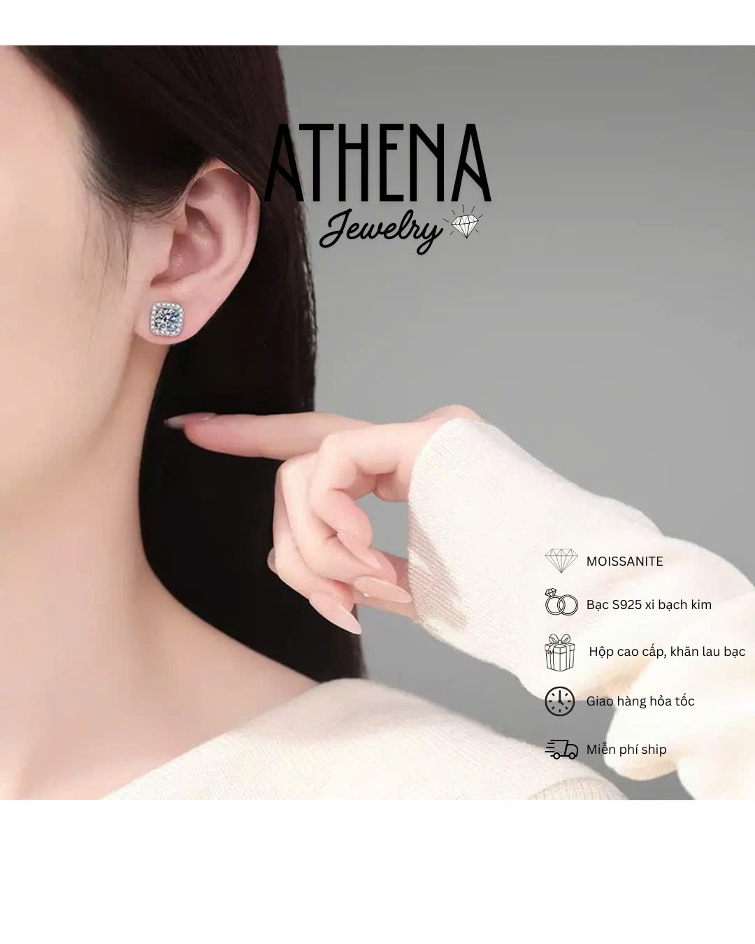 Bông tai halo vuông chủ 5mm kim giữa, hình 3