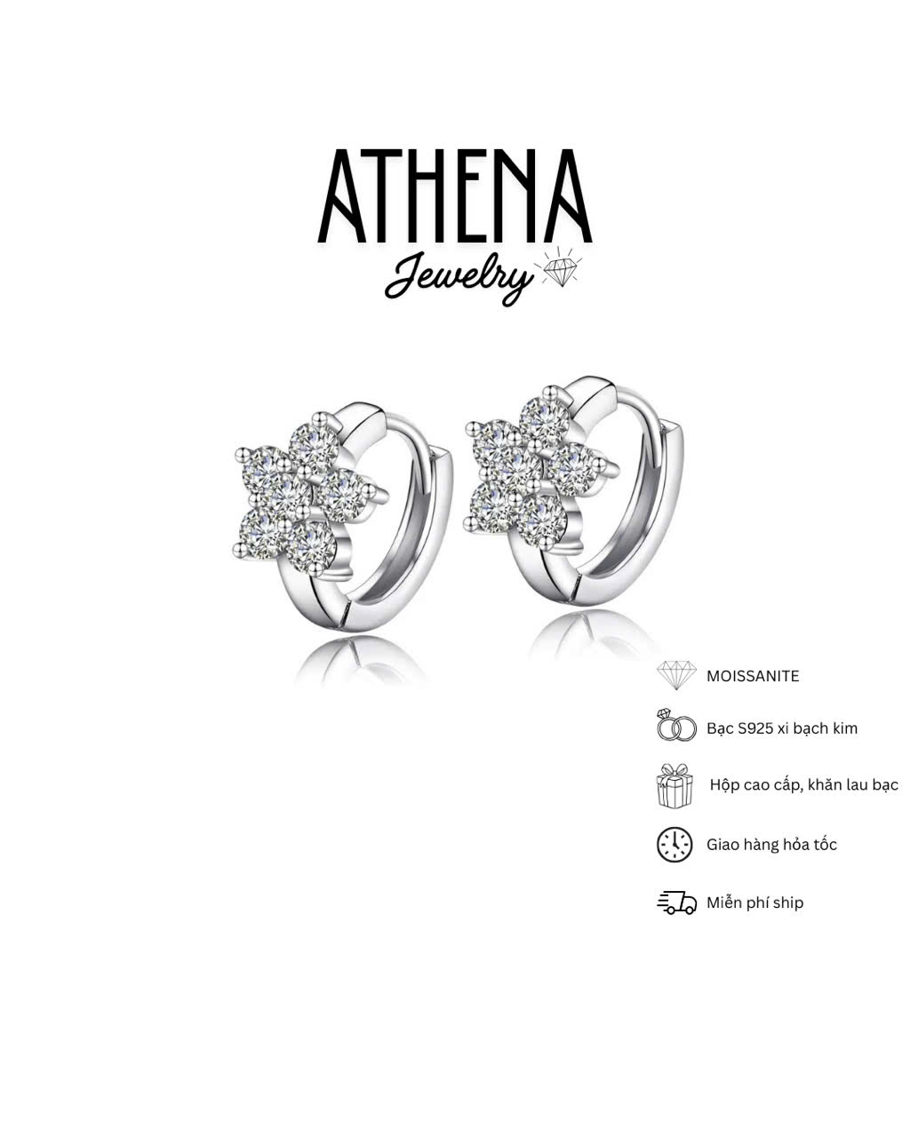 Bông tai hoa full moissanite khoen tròn, hình 2