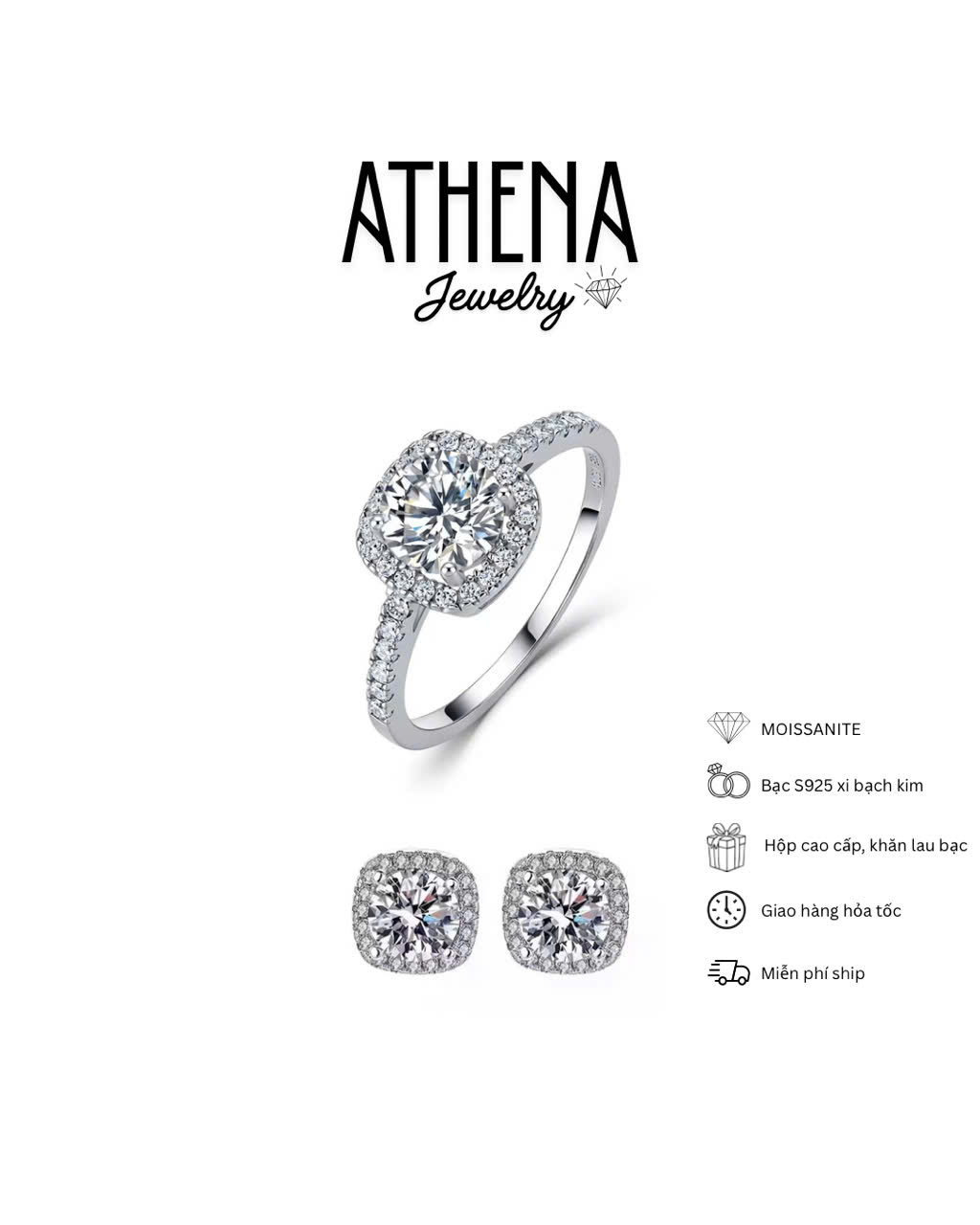 Bộ nhẫn viên chủ 6,5mm và bông tai viên chủ 5mm halo vuông full moissanite