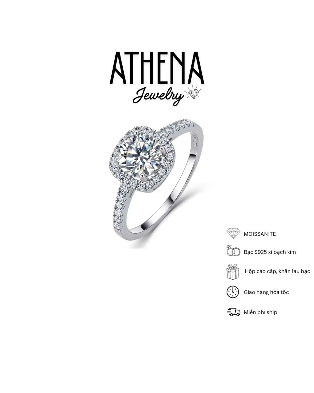 Bộ nhẫn viên chủ 6,5mm và bông tai viên chủ 5mm halo vuông full moissanite, hình 2