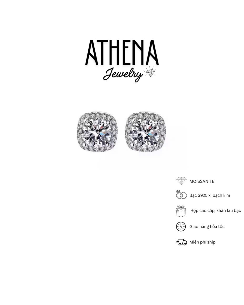 Bộ nhẫn viên chủ 6,5mm và bông tai viên chủ 5mm halo vuông full moissanite, hình 3