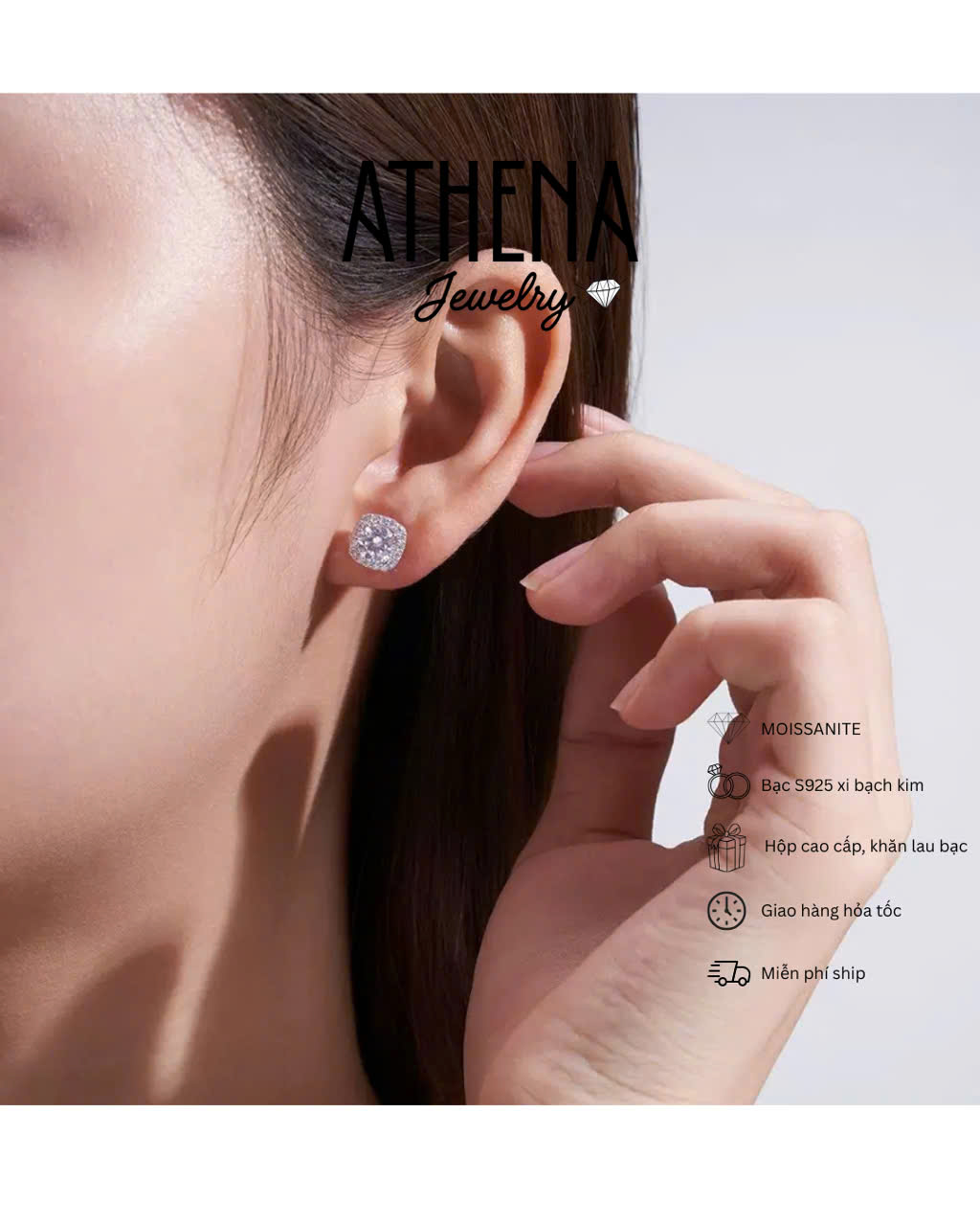 Bộ nhẫn viên chủ 6,5mm và bông tai viên chủ 5mm halo vuông full moissanite, hình 4