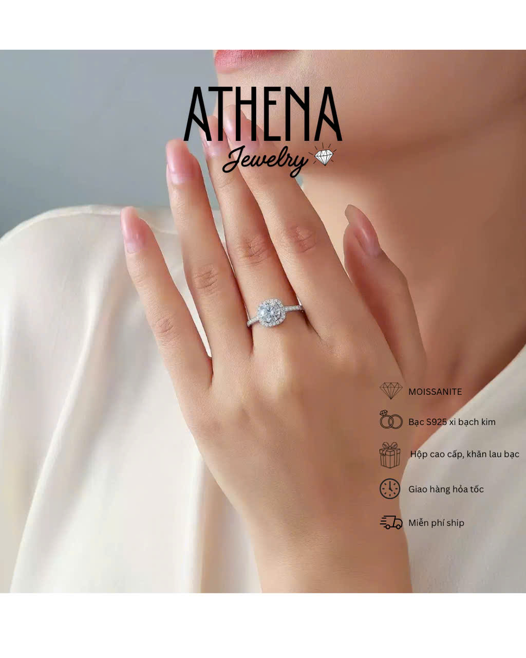 Bộ nhẫn viên chủ 6,5mm và bông tai viên chủ 5mm halo vuông full moissanite, hình 5