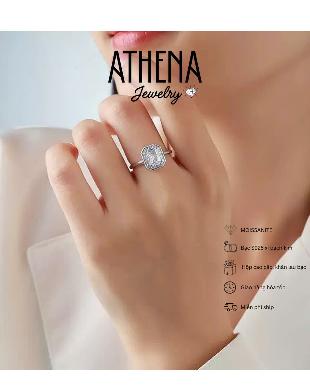 Nhẫn full moissanite viên chủ Hình chữ nhật 5x7mm