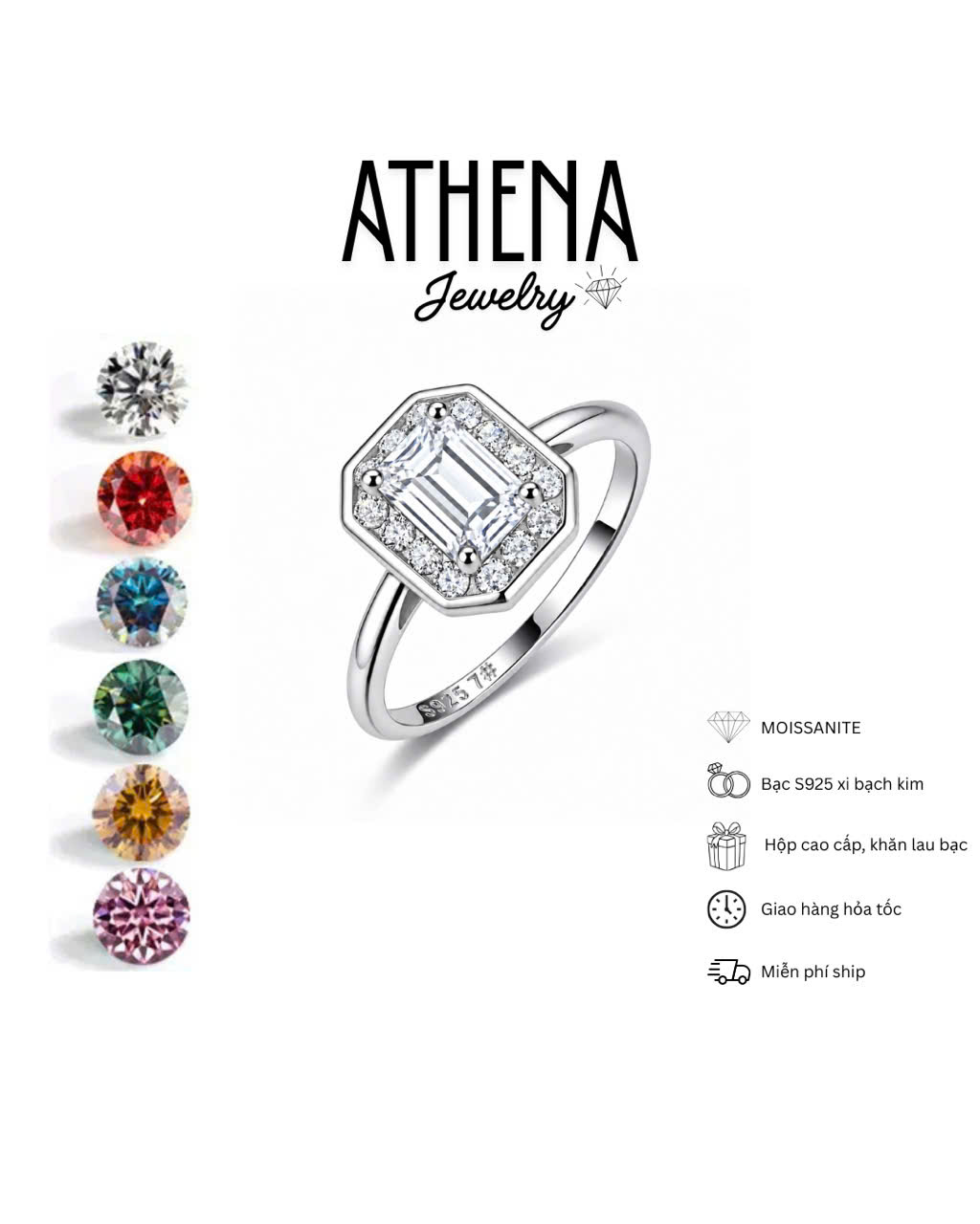 Nhẫn full moissanite viên chủ Hình chữ nhật 5x7mm, hình 3