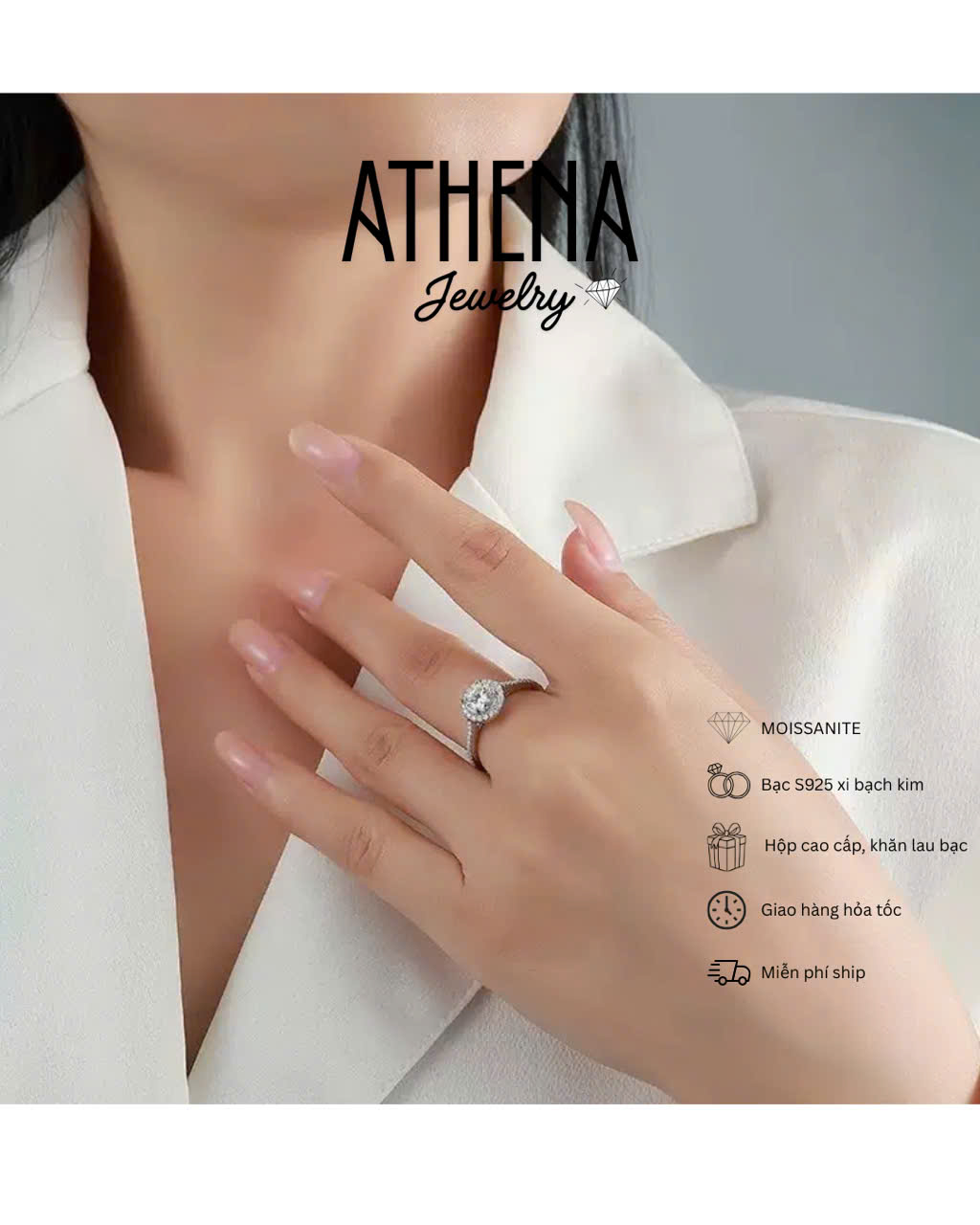 Nhẫn halo tròn full moissanite viên chủ 5mm