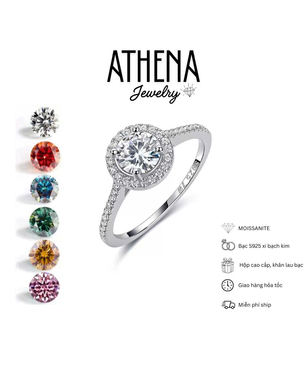 Nhẫn halo tròn full moissanite viên chủ 5mm, hình 2